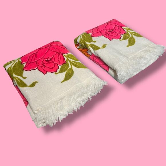 Vintage 60s Sun Glow Fuchsia Pink Orange Floral Bath Towel Set Pair Made in USA - Picture 7 of 13